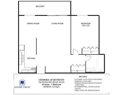 Floor plan for 1 bed, 1 bath